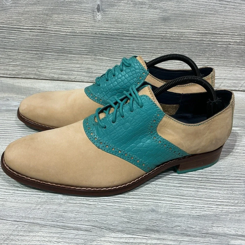 Cole Haan Tan Suede Green Croc Embossed Laced-Up Oxford Men's 9.5M Formal Career